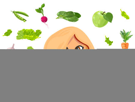 Cartoon woman surrounded with permitted products for eating. Vector green vegetables for healthy nutrition, tape measure, weighing scale. Idea of weight loss and healthcare isolated on whiteのイラスト素材