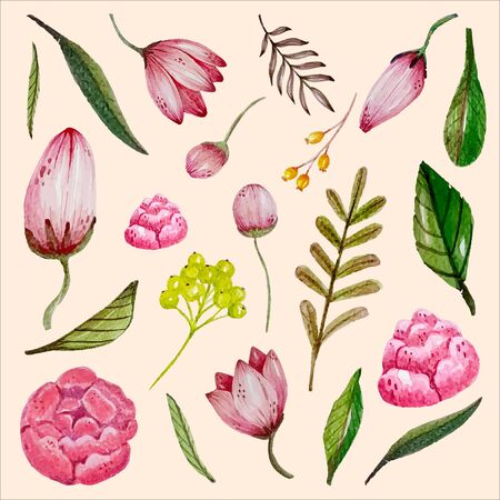 Flowers and leaves, watercolor, can be used as greeting card, invitation card for wedding, birthday and other holiday and summer background. Vector illustration.のイラスト素材