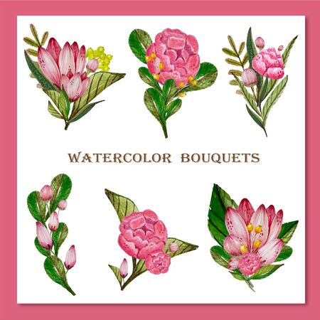 Flowers and leaves, watercolor, can be used as greeting card, invitation card for wedding, birthday and other holiday and summer background. Vector illustration.のイラスト素材