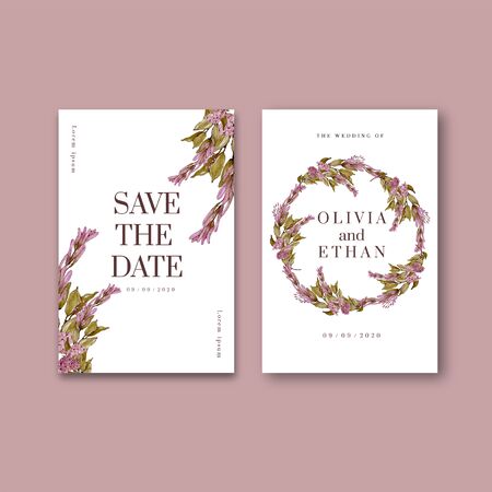 Wedding Invitation, botanical invite thank you, RSVP modern card Design:Pink floral with Green leaves natural watercolor card.のイラスト素材