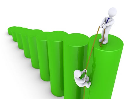 3d businessman helping another to climb on top of graphの写真素材