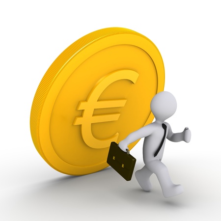 3d businessman is running away from falling euro coinの写真素材