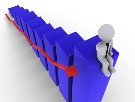 3d person sitting on top of blue chart with red arrowの写真素材