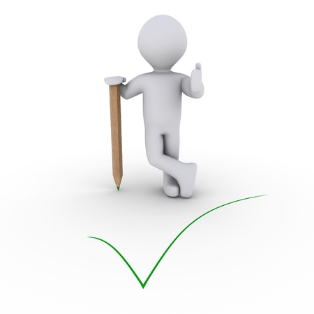 3d person leaning on a pencil behind a green check markの写真素材
