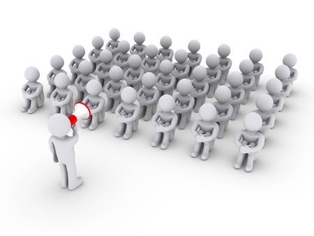 3d person with megaphone is talking to others sitting downの写真素材