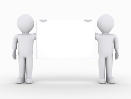 Two 3d people are holding a blank signの写真素材