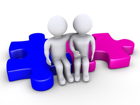 3d couple is sitting on matched puzzle piecesの写真素材