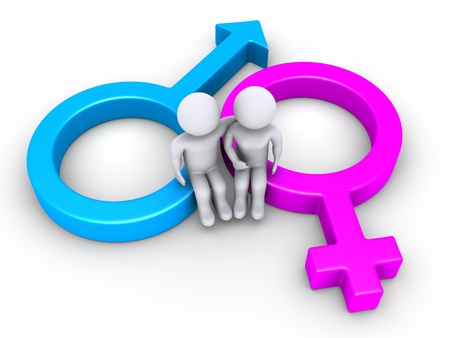 3d couple is sitting on gender symbolsの写真素材