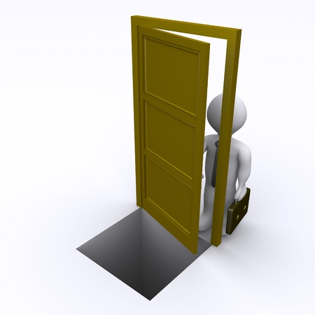 3d businessman is opening a door that has a gap behind itの写真素材