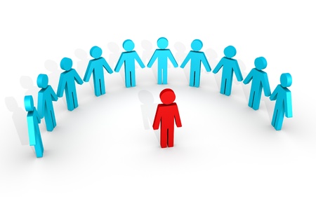 Half a circle of human figures and one human figure in the middleの写真素材