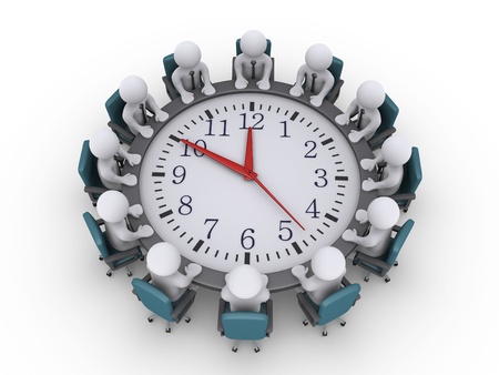 3d businessmen sitting around a clock used as table