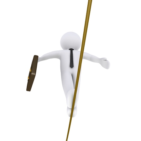 3d businessman is walking on a tightrope holding a suitcaseの写真素材