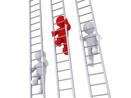 3d people are climbing three ladders as a competitionの写真素材