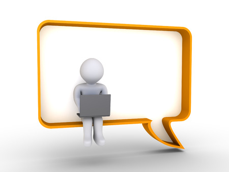 3d person with laptop is sitting on a cartoon bubbleの写真素材