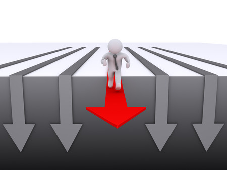 3d businessman running on the best arrow out of other onesの写真素材