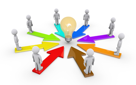3d people are on different colored arrows pointing at a light bulb at the centerの写真素材