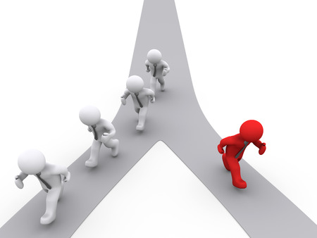 3d businessmen are running on the left path and a different one is running on the rightの写真素材