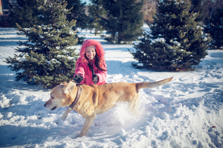 girl with a dog Labrador puppy playing in winter outdoors funの写真素材