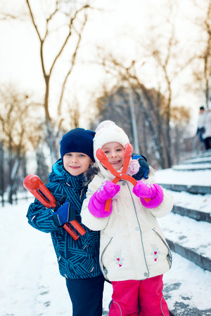 Active leisure with children in winter on cold days.の写真素材