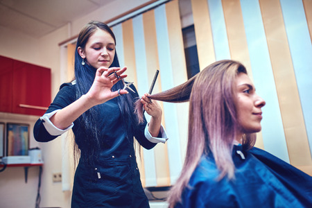 Hairdresser trimming brown hair with scissorsの写真素材