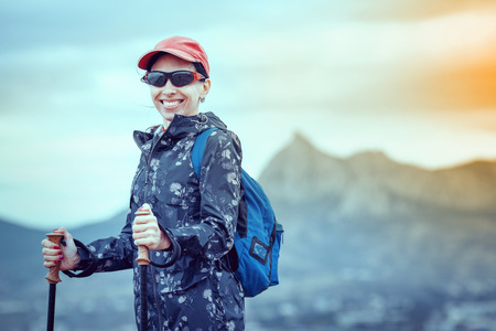 Hiking and leisure theme. Adventure people on hike hiking in natureの写真素材