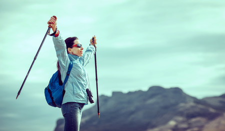 Hiking and leisure theme. Adventure people on hike hiking in natureの写真素材