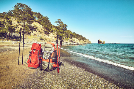 Pedestrian tourism, people travel with backpacks, in the open air.