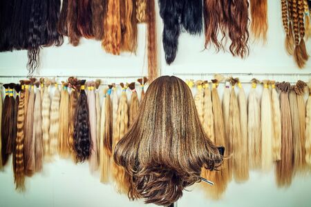 Hair extension equipment of natural hair. hair samples of different colorsの写真素材