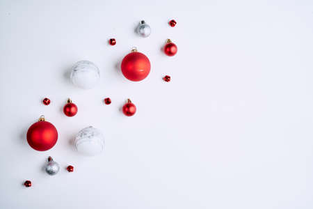 Christmas composition. Christmas toys on white background. Flat lay, top view.