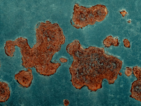 Retro Rusty Metal Wall Background. Old Scratched Paint Texture. Rough Grunge Iron Material.