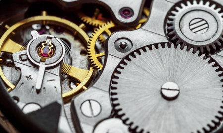 Ancient tiny metal clockwork close up backgroundの写真素材