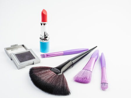 Set of makeup cosmetics and brush on white background.の写真素材
