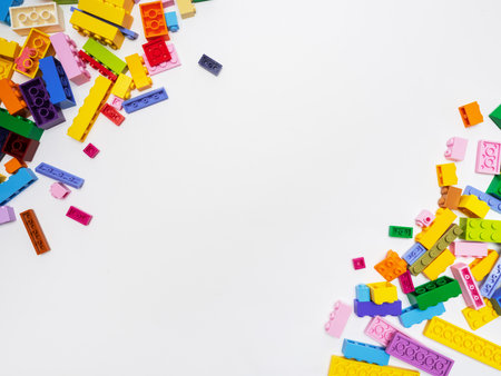Colorful Plastic toy blocks isolated on white background.の写真素材