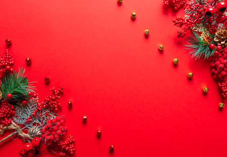 Red Christmas or New Year Ornament Border Backgroundの写真素材