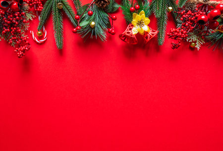 Red Christmas or New Year Ornament Border Backgroundの写真素材