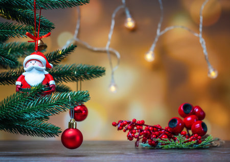 Decorated Christmas tree on blurred background.の写真素材