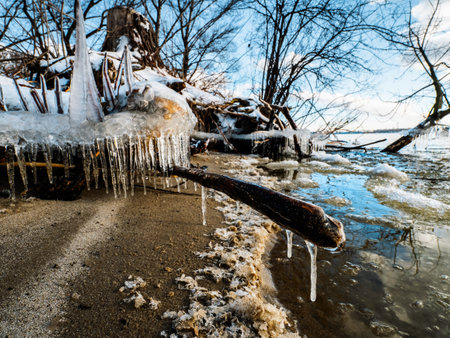 Icicle, dirty ice stalactite sharpened downward when melting dirty snowの写真素材