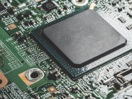 Macro Close-up Shot of Microchip, CPU Processor on Printed Circuit Board, Computer Motherboard with Components Inside of Electronic Device, Part of Supercomputer.の写真素材