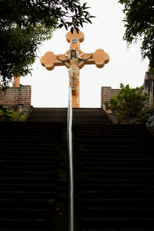 Staircase to get to the cross at the top of the mountain.の写真素材