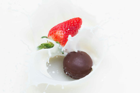 Strawberry splash with chocolate milk. Effect photography for commercial use.の写真素材