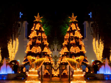 Christmas lights decorating the city of Guararema, SÃ£o Paulo, Brazil. Blinker or Christmas lights is an accessory usually placed on a Christmas tree or in the decoration of homes, stores or businesses, to illuminate them.の写真素材