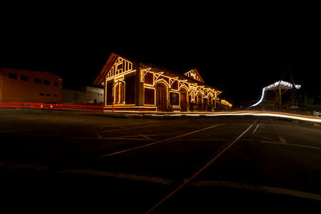 Railway station with Christmas lights in Guararema interior of SÃ£o Paulo.の写真素材