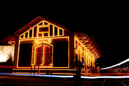 Railway station with Christmas lights in Guararema interior of SÃ£o Paulo.の写真素材