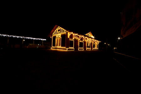 Railway station with Christmas lights in Guararema interior of SÃ£o Paulo.の写真素材