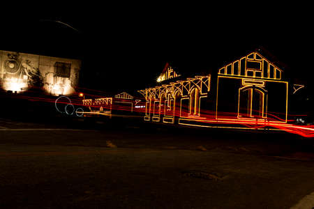 Railway station with Christmas lights in Guararema interior of SÃ£o Paulo.の写真素材