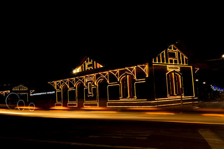 Railway station with Christmas lights in Guararema interior of SÃ£o Paulo.の写真素材