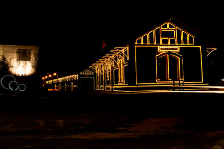 Railway station with Christmas lights in Guararema interior of SÃ£o Paulo.の写真素材
