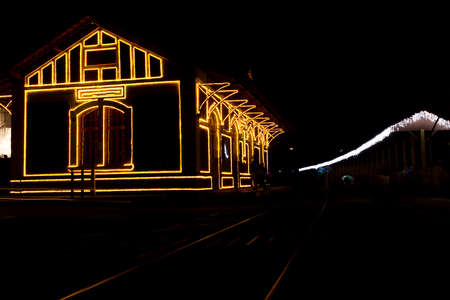 Railway station with Christmas lights in Guararema interior of SÃ£o Paulo.の写真素材