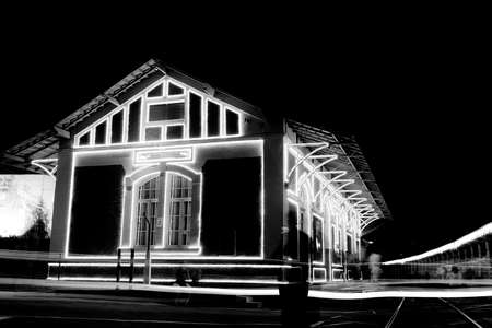 Railway station with Christmas lights in Guararema interior of SÃ£o Paulo.の写真素材