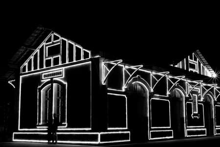 Railway station with Christmas lights in Guararema interior of SÃ£o Paulo.の写真素材
